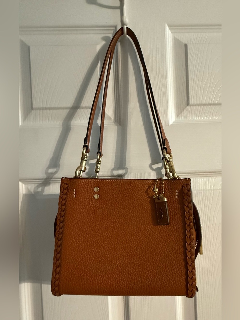 Coach Rogue 20 Cognac Pebbled Leather Satchel Braided Strap